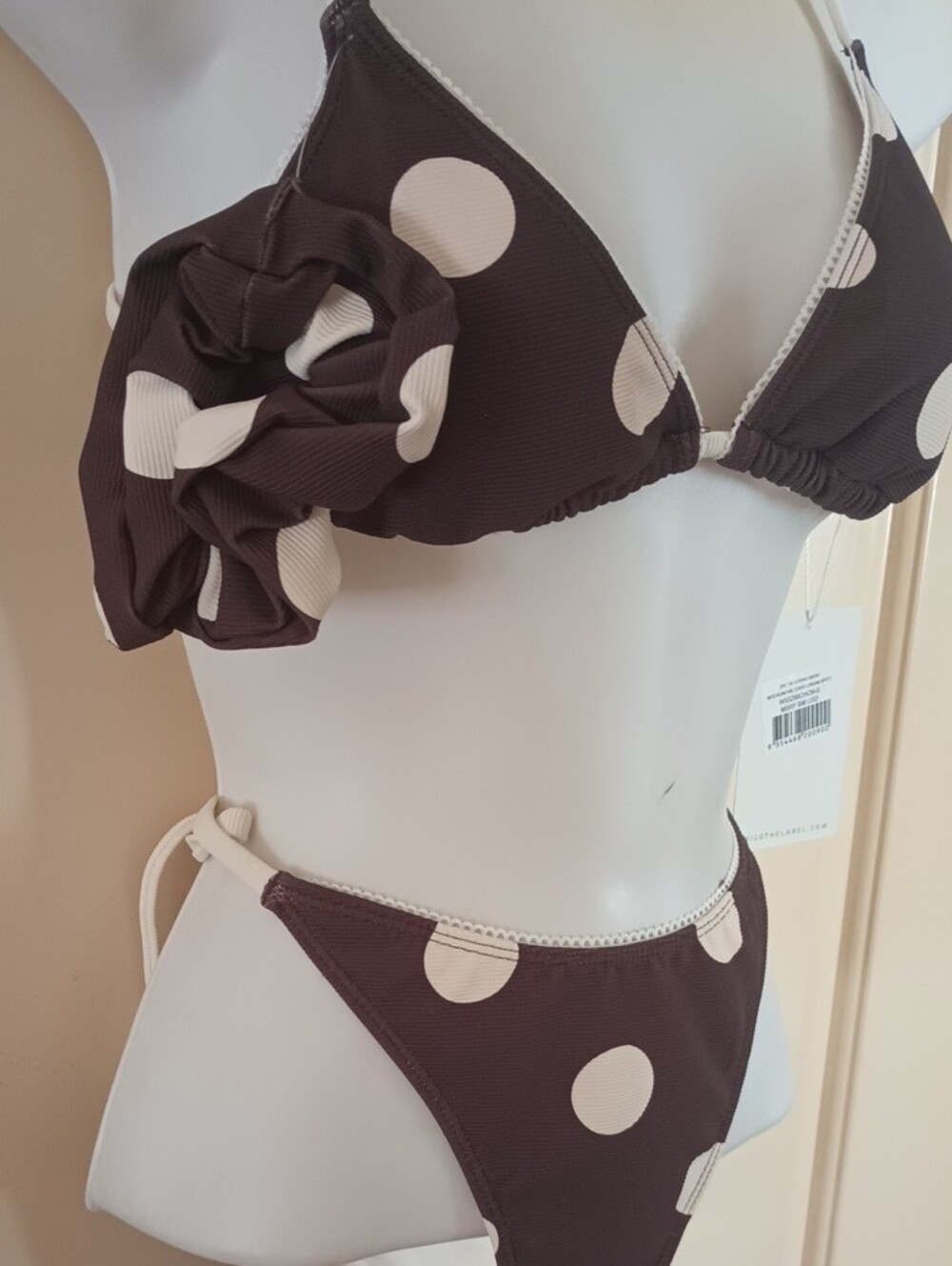 Polka Dot Brown & Cream Triangle Bikini with matching Scrunchie